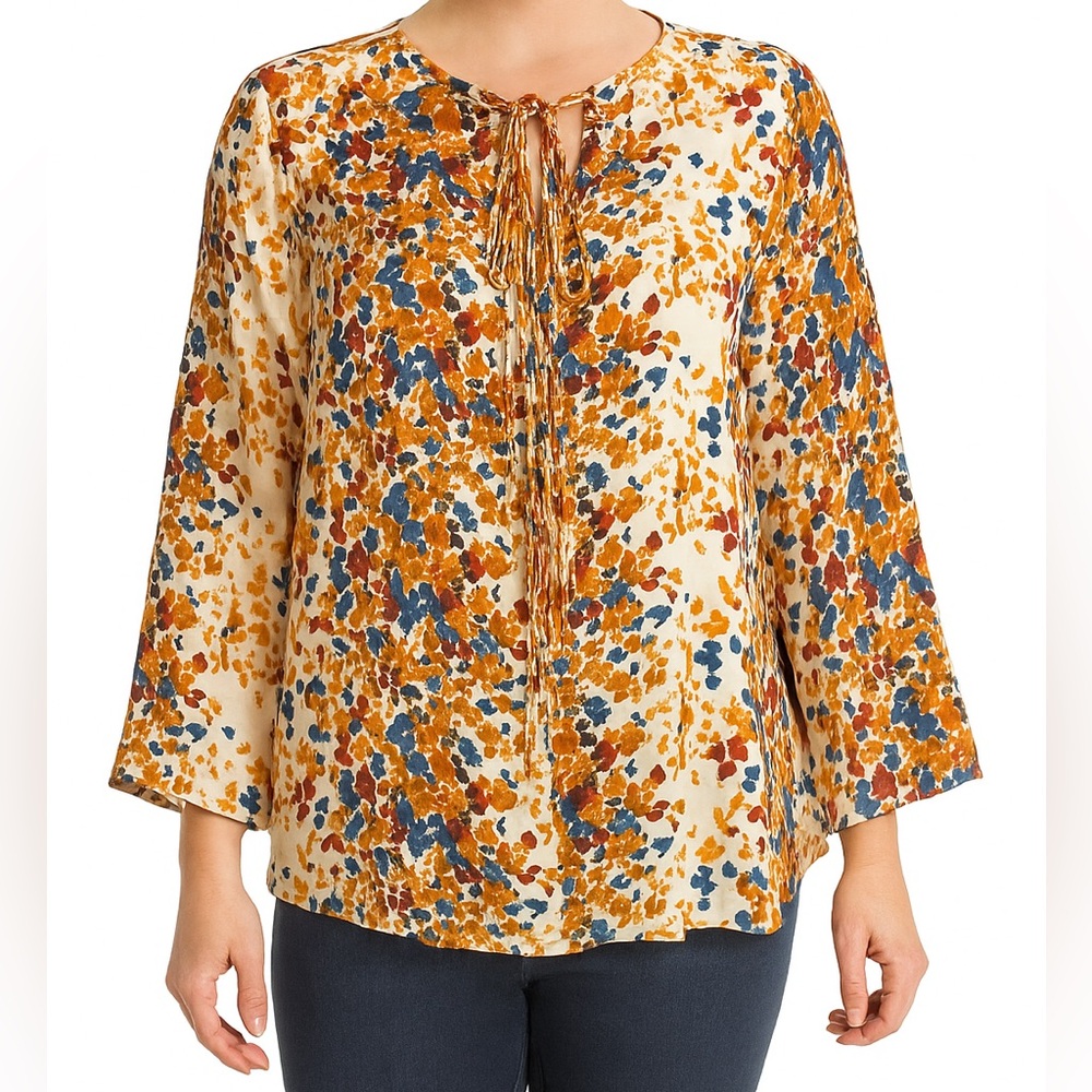 Hippie Laundry Chords of Fringe Tie Neck Floral Bell Sleeve Pullover Women’s M